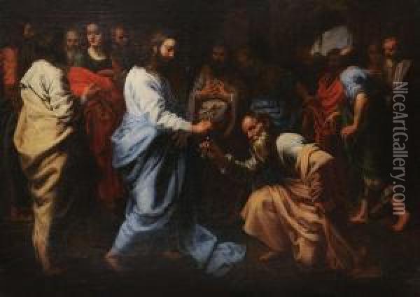Christus Overhandigt De Sleutels Aan De Knielende Petrus In Hetbijzijn Van De Andere Apostelen. Doek. Oil Painting - Theodor Van Loon