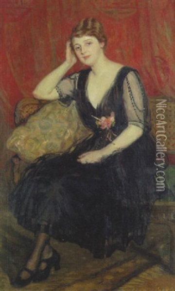 Junge Frau In Schwarzem Chiffonkleid, Auf Einem Sofa Sitzend Oil Painting - Sabine Lepsius