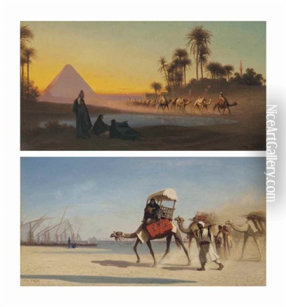Grand Pyramide De Gyzeh; Bords Du Niel A Boulak (pair) Oil Painting - Charles Theodore (Frere Bey) Frere