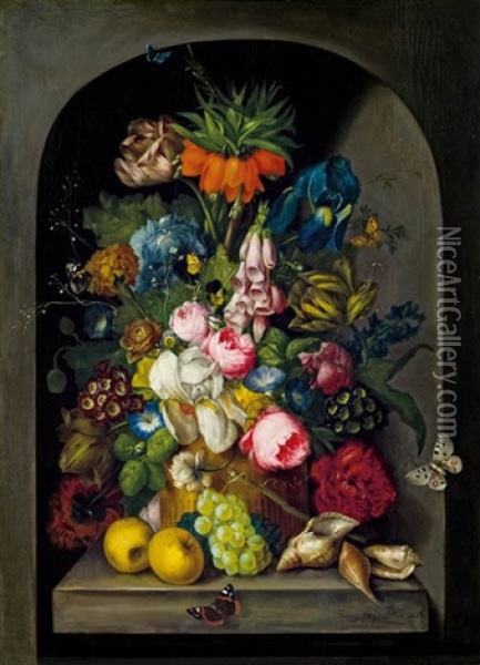 Blumenstillleben Mit Fruchten Und Schneckenhausern Oil Painting - Franz Xaver Petter