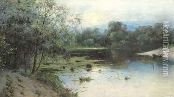 A tranquil lake landscape at dusk Oil Painting - Leon Richet