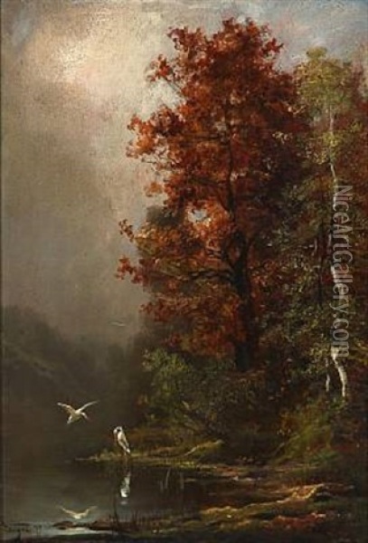 Autumn Forest Lake With Two Storks Oil Painting - Theodore Levigne