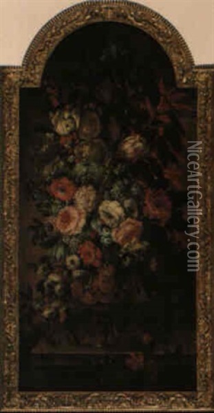 Still Life Of Flowers In An Elaborate Urn On A Stone Ledge Oil Painting - Jean George Christian Coclers