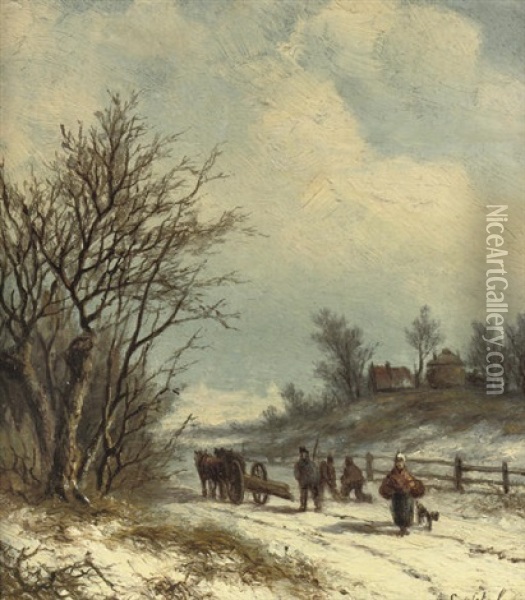 Gezigt In De Omstreeken Van Arnhem - Wood Gatherers On A Snowy Path Near Arnhem Oil Painting - Lion Schulman