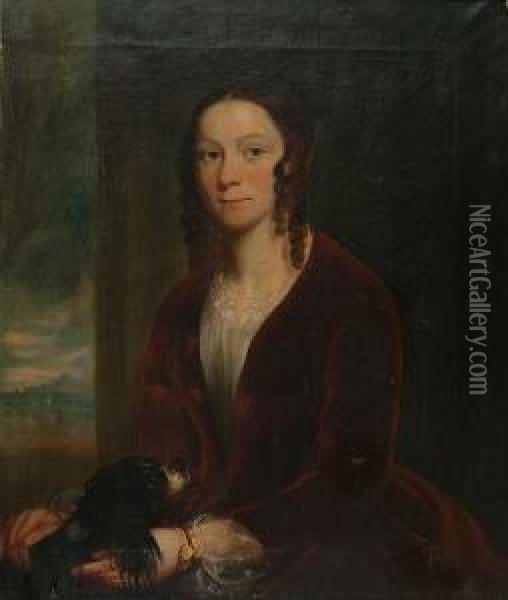 Portrait Of A Lady In A Red Velvet Gown, With Her Spaniel On Her Lap' Oil Painting - Robert Reginald Whale