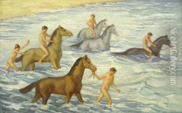 Reitende Knaben Am Strand (capri?) Oil Painting - Ludwig Von Hofmann
