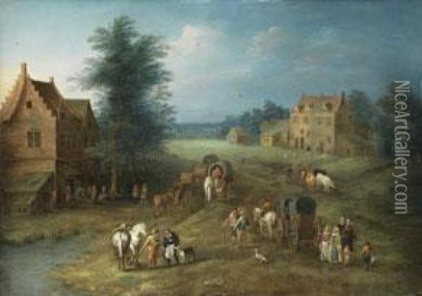 Landschaft Mit Gebauden, Markt,
Karren Und Figurenstaffage Oil Painting - Karel Beschey