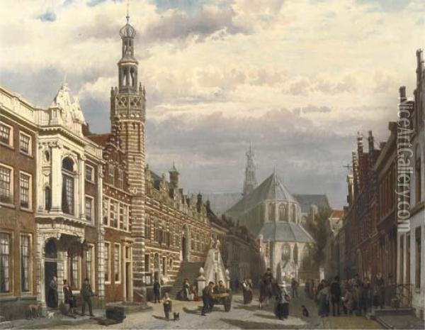 View Of The Town Hall And The St. Laurenschurch In Alkmaar Oil Painting - Cornelis Springer