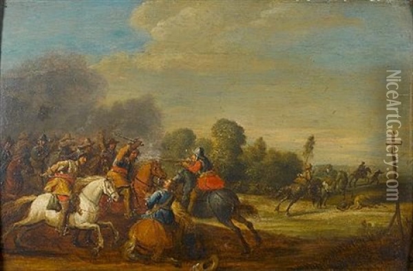 A Battle Scene With Soldiers On Horseback Oil Painting - Pieter Meulener