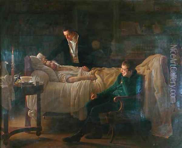 Marie Francois Xavier Bichat 1771-1802 dying surrounded by the doctors Esparon and Philibert Joseph Roux 1780-1854 Oil Painting - Louis Hersent