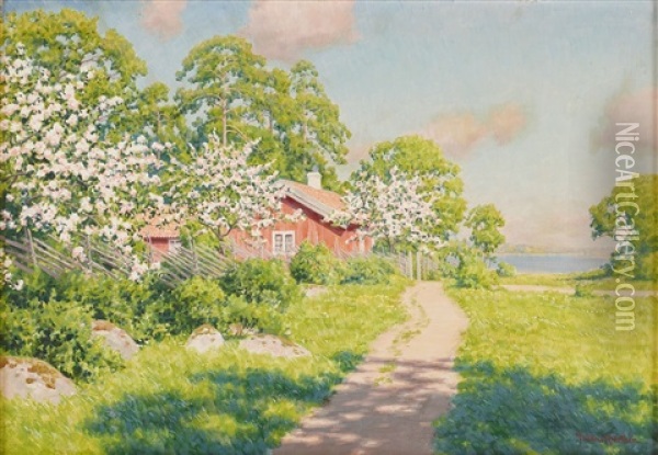 Forsommardag Med Blommande Frukttrad Vid Rod Stuga Oil Painting - Johan Fredrik Krouthen