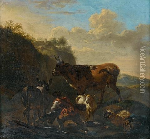 A Figure Collecting Wood With A Donkey, Sheep And Cattle In A Landscape Oil Painting - Abraham Jansz. Begeyn