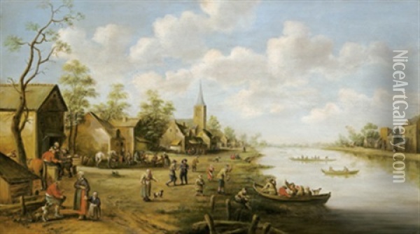 Dorf An Einem Fluss Mit Booten Und Vielen Figuren Oil Painting - Joost Cornelisz. Droochsloot