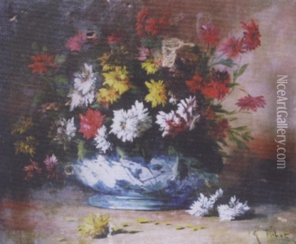 Bouquet De Fleurs Dans Une Jardiniere En Faience Oil Painting - Germain Theodore Ribot