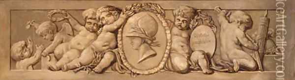 Putti Supporting A Wreathed Medallion Of Minerva, En Grisaille Oil Painting - Jacob de Wit
