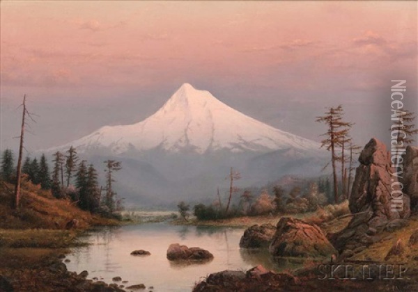 Landscape With Snow-capped Peak, Possibly Mount Shasta Oil Painting - William Samuel Parrott
