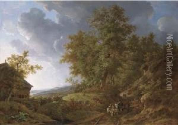 An Extensive Rolling Landscape With Travellers On A Sandy Track By A Watermill Oil Painting - Adrianus Van Der Koogh