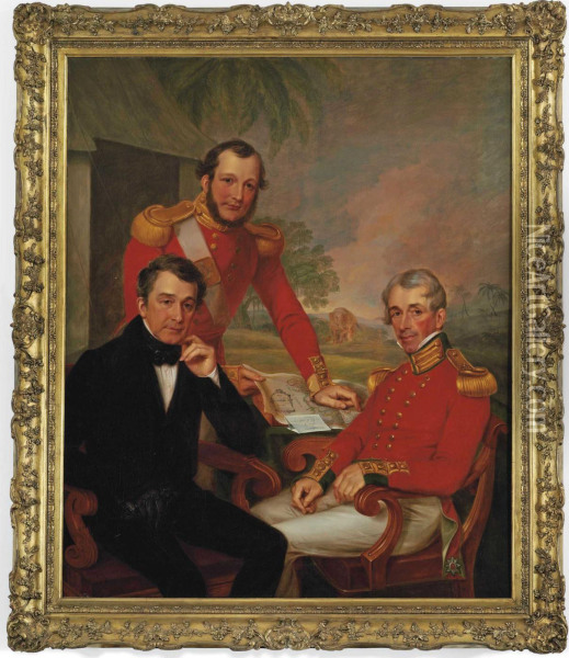 Triple Portrait Of Colonel Sir James Jackson, Major George Lee, And Major General Brice Wakeford Lee, At A Desk In A Landscape, With A Map And A Letter, An Elephant Oil Painting - James Leakey