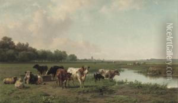 Watering Cattle In A Panoramic Summer Landscape Oil Painting - Jan Bedijs Tom