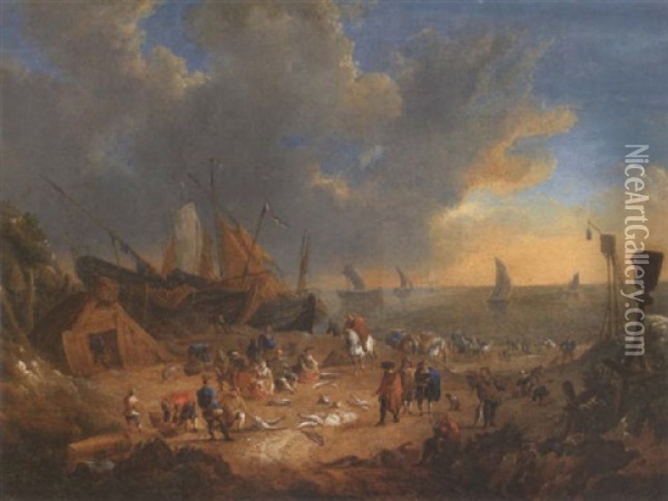 Elegant Figures Inspecting Their Catch On A Beach With Sailing Barges And Shipping Beyond Oil Painting - Lucas Smont the Younger
