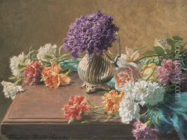 Bouquet De Violettes Avec Des Oillets Et Des Roses Poses Sur La Table Oil Painting - Henri Biva