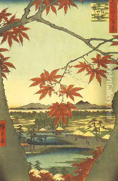 Maple Leaves at the Tekona Shrine, Mamma Oil Painting - Utagawa or Ando Hiroshige