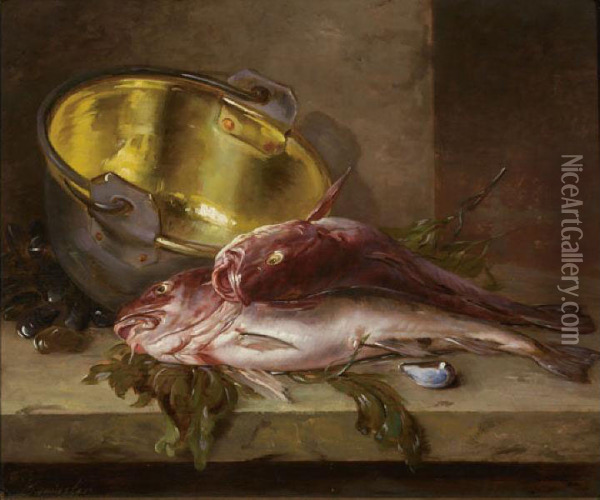 Still Life With Fish Oil Painting - Edward Mitchell Bannister
