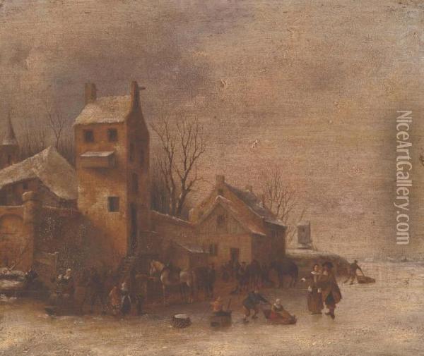 A Frozen Winter Landscape With Elegant Company And Skaters Oil Painting - Thomas Heeremans