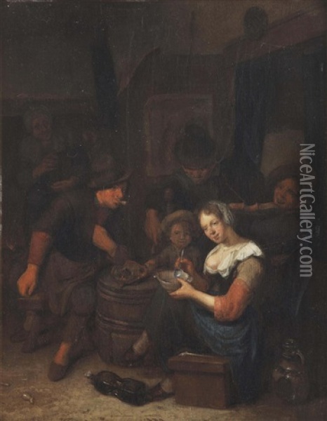 An Interior With A Merry Company And A Woman Feeding Porridge To A Child Oil Painting - Richard Brakenburg