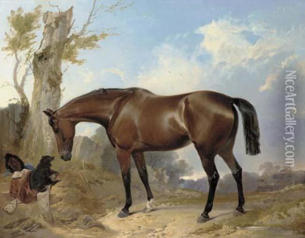 A Bay Hunter And Dog In A Landscape Oil Painting - Richard Ansdell