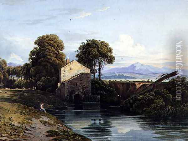 Watermill with Distant Castle and Hills, 1822 Oil Painting - John Varley