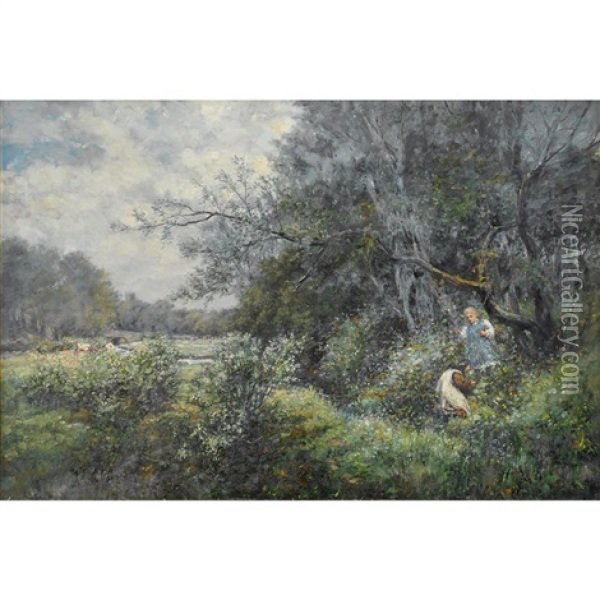 Children At Play In A Carmunnock Landscape Oil Painting - Norman M. Macdougall
