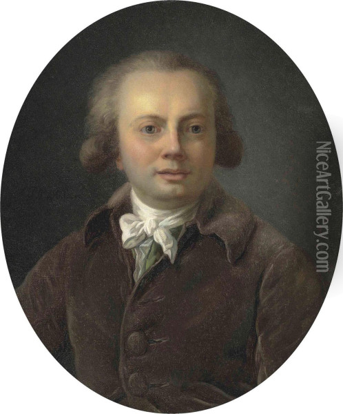 Portrait Of A Gentleman, 
Bust-length, In A Brown Coat With A Whitestock, In A Feigned Oval Oil Painting - Henri Pierre Danloux