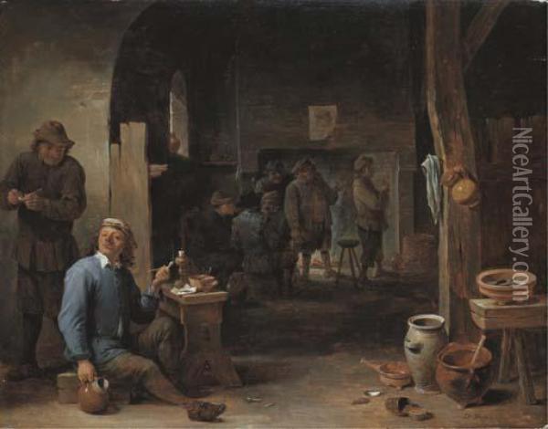 The Interior Of An Inn With Peasants Smoking By A Table And Conversing Before A Fire Oil Painting - David The Younger Teniers