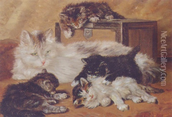Playful Kittens With Their Mother Oil Painting - Charles van den Eycken