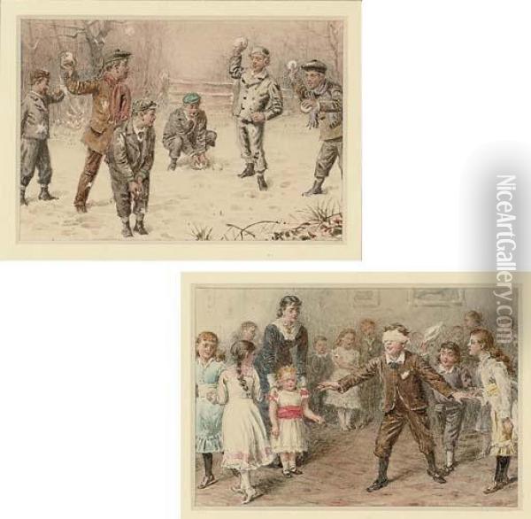 The Snowball Fight; And Blind Man's Buff Oil Painting - George Goodwin Kilburne