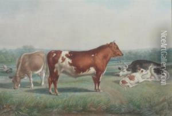 Cows Feeding In Clearing Oil Painting - John L. Stokes