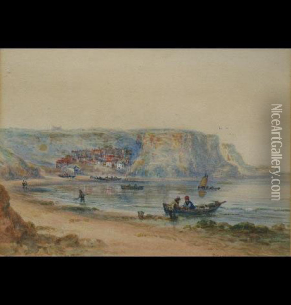 Runswick, 
Beach Scene With Figures In A Boat And Walking, 
Houses In A Cove In The Distance Oil Painting - John Francis Branegan