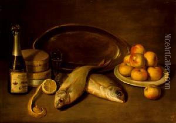 Bodegon Con Manzanas, Pez Y Botella Oil Painting - Joaquin Siguenza