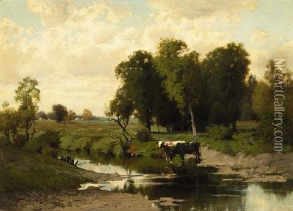 Cows Watering Oil Painting - Charles Harry Eaton