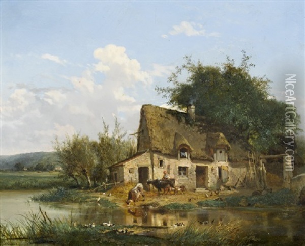 Bauernhaus Am Flussufer Oil Painting - Theophile Victor Emile Lemmens