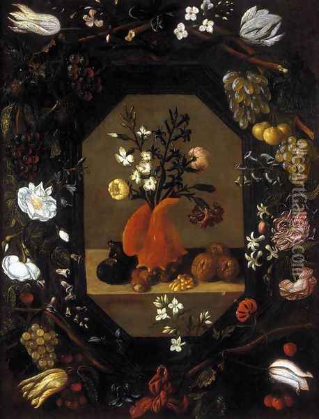 Still-Life with Flowers with a Garland of Fruit and Flowers c. 1645 Oil Painting - Juan De Espinosa