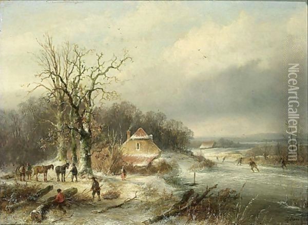 Winter Landscape With Skaters And Woodgatherers Oil Painting - Josephus Gerardus Hans