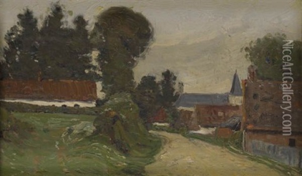 Untitled (farm With Large Trees)(+ Untitled (road To A Village); 2 Works) Oil Painting - William A. Harper