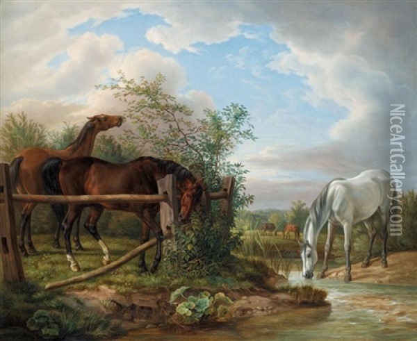 Vollbluter Auf Der Koppel (thoroughbreds In A Paddock) Oil Painting - Albrecht Adam