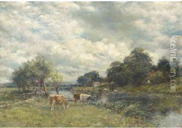 Cattle watering in a river landscape Oil Painting - William Mark Fisher