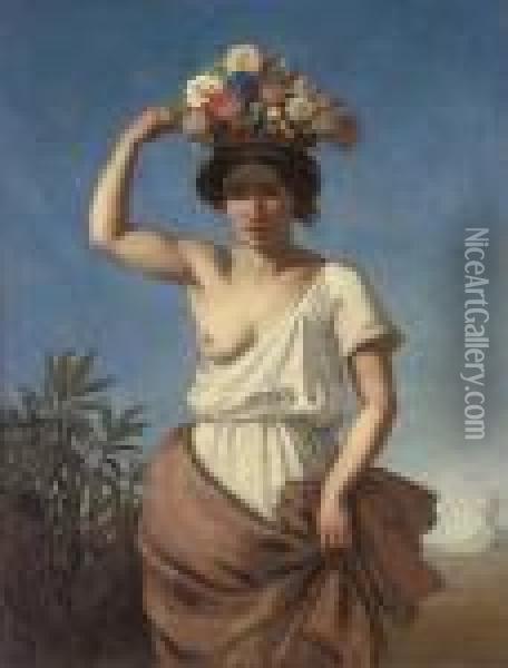 An Italian Maiden, Vesuvius Beyond Oil Painting - August Jernberg