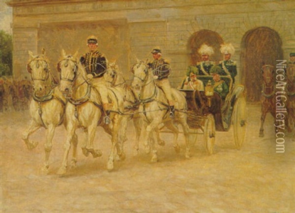 Kaiser Franz Joseph In Der Kutsche Vor Dem Burgtor, Wien Oil Painting - Ludwig Koch
