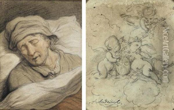 Sleeping Man With Studies Of Putti (#) Sleeping Woman With Studies Oil Painting - Anthony Andriessen