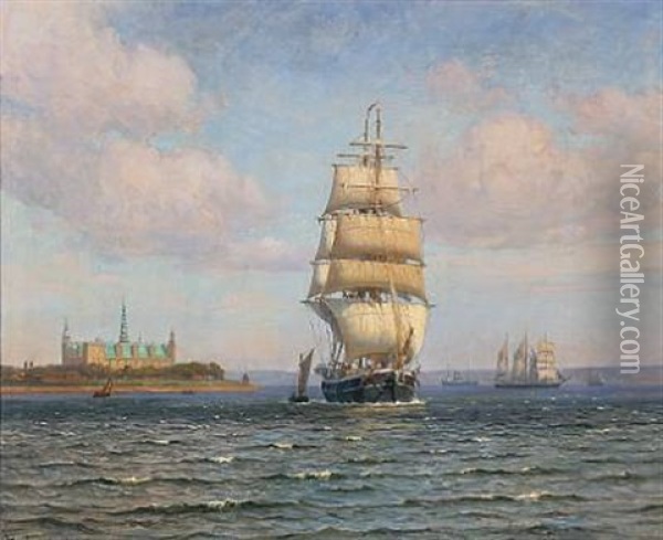 Seascape With Sailing Ships Near Kronborg Castle Oil Painting - Vilhelm Karl Ferdinand Arnesen